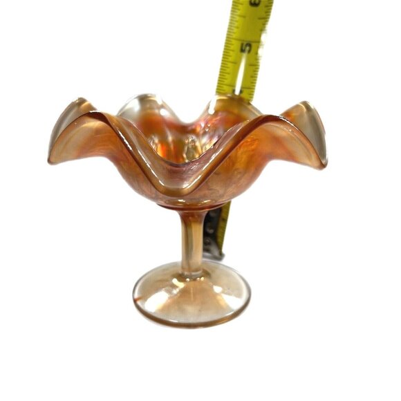 Footed Marigold Carnival Glass Footed Compote Holly & Berry 4" tall 4.75" wide - Picture 10 of 10